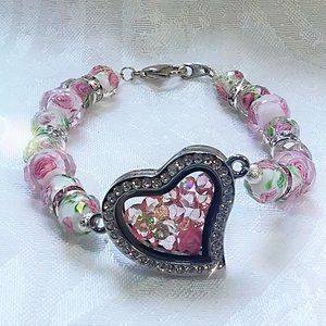 CRYSTAL BEADED 8" BRACELET; SILVER HEART LOCKET